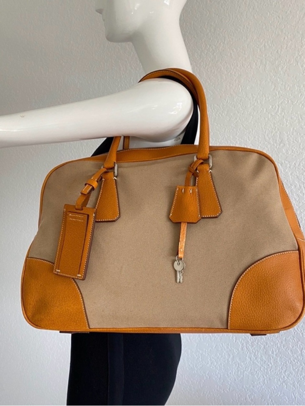 Vintage Prada Canvas & Leather Bowling Bag | Tan + Camel | Lock & Key